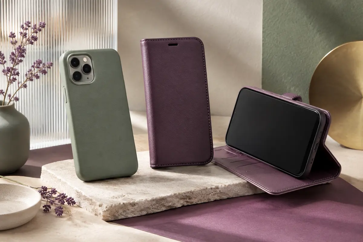 Coques de smartphone classiques présentées sur un socle clair et un papier prune