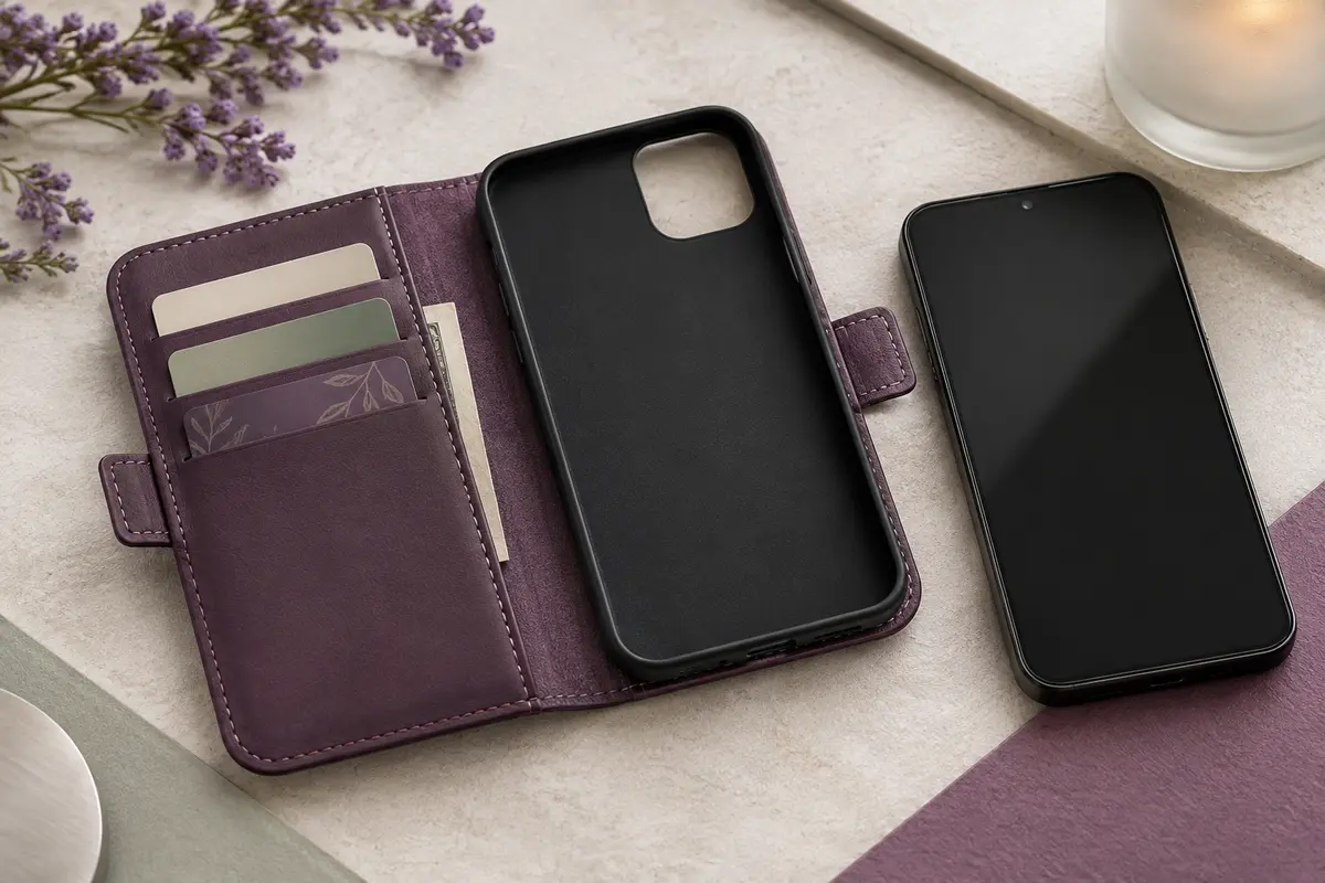 Coque portefeuille ouverte avec emplacements pour cartes et smartphone assorti