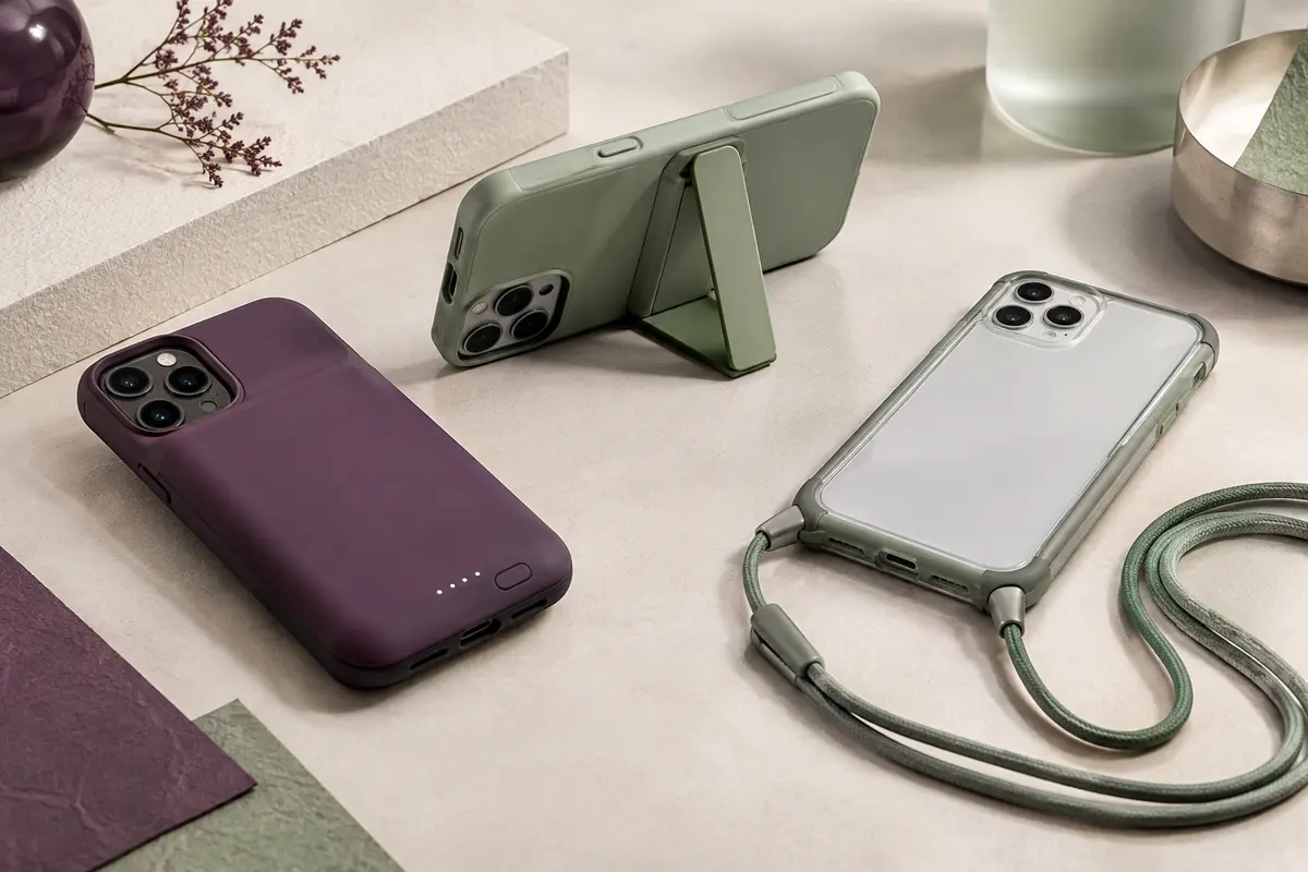 Coques fonctionnelles avec batterie, support intégré et cordon de transport