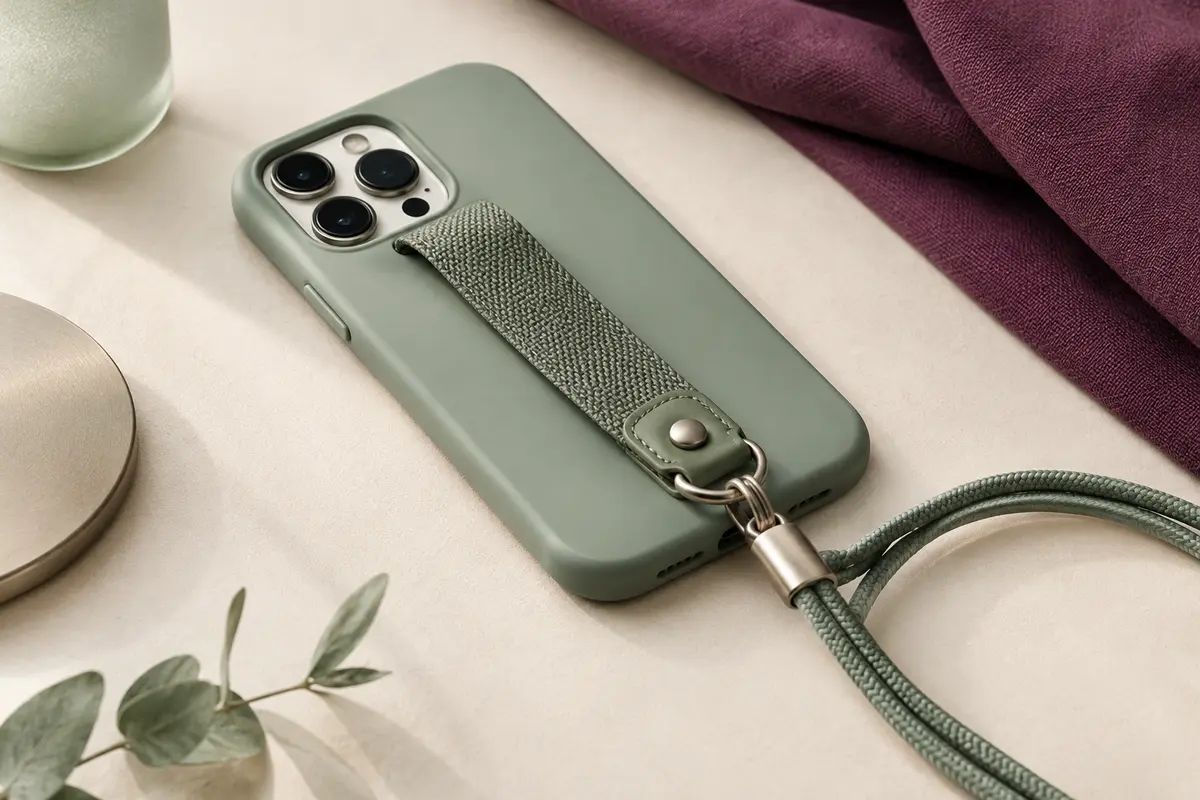 Coque de smartphone avec cordon intégré et attaches visibles en gros plan