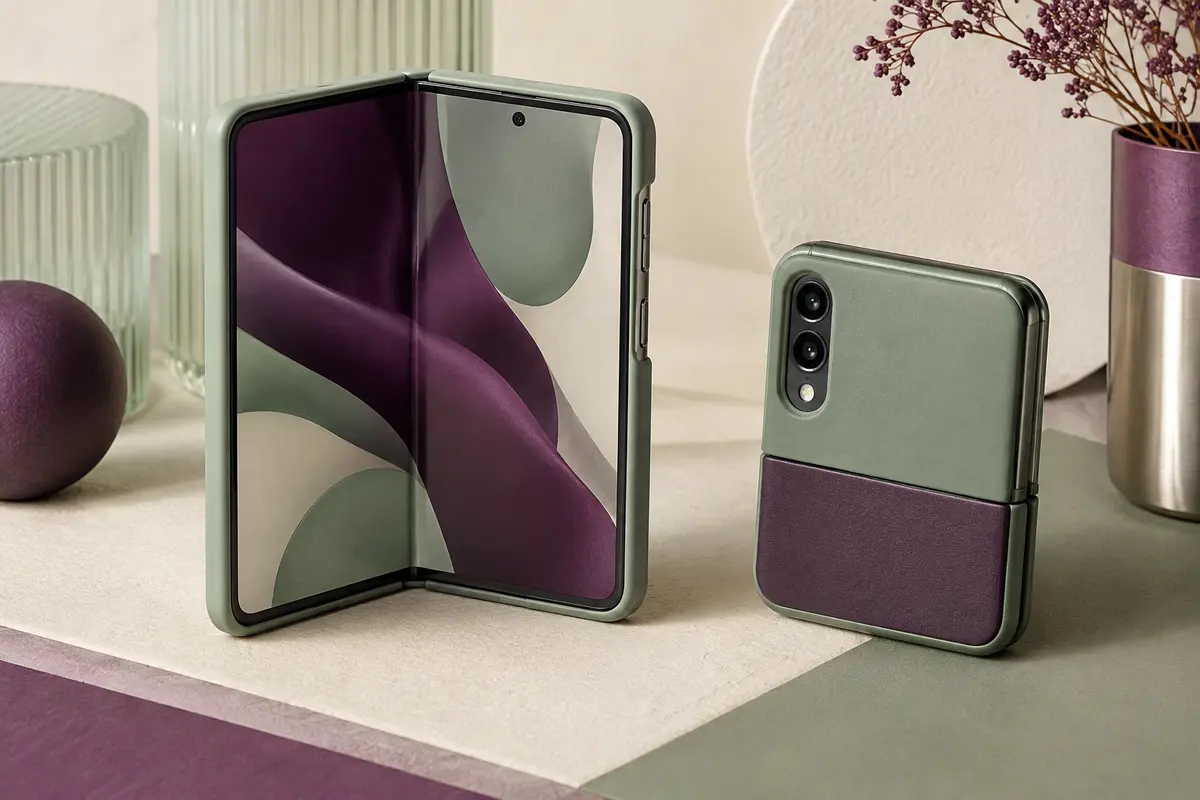 Deux smartphones pliables protégés par des coques au format livre et clapet