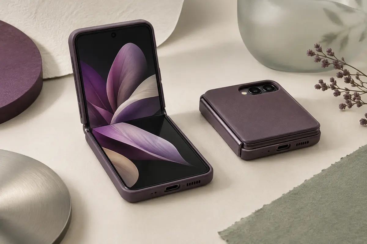 Smartphone pliable au format clapet ouvert et fermé avec sa coque de protection