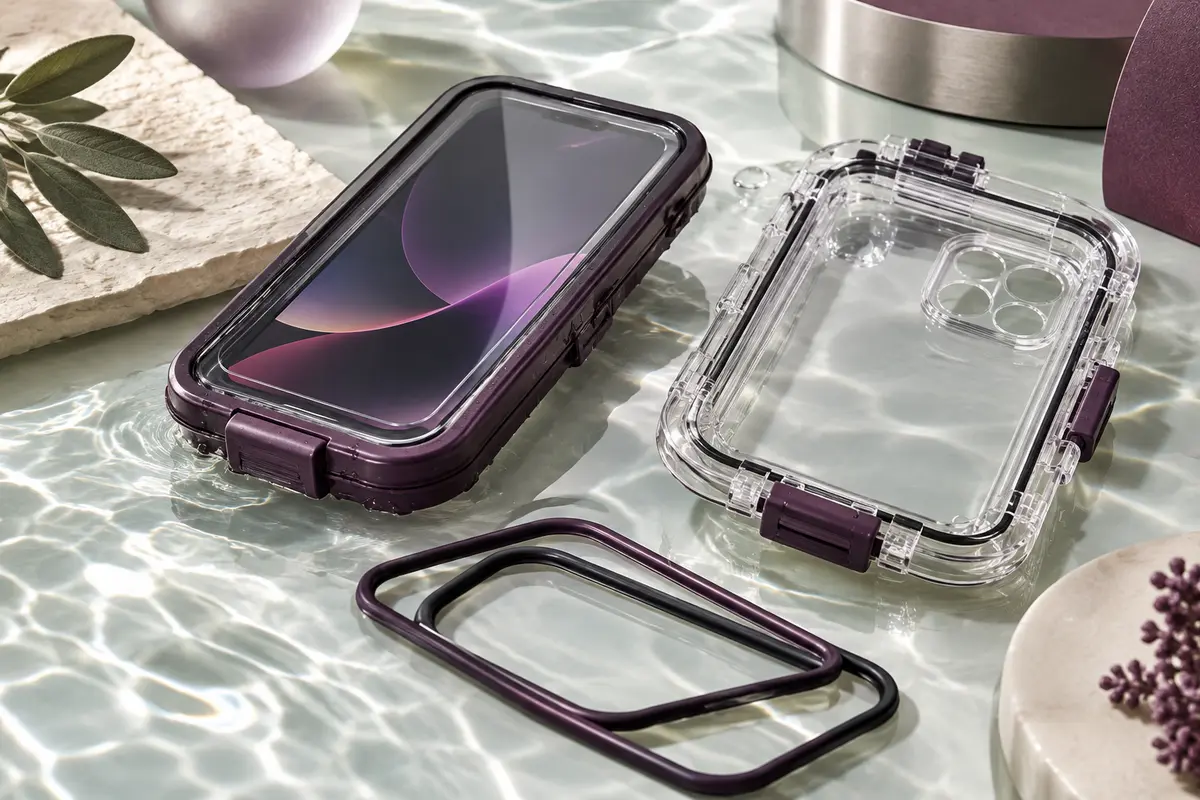 Coque étanche fermée autour d’un smartphone avec joints de protection visibles
