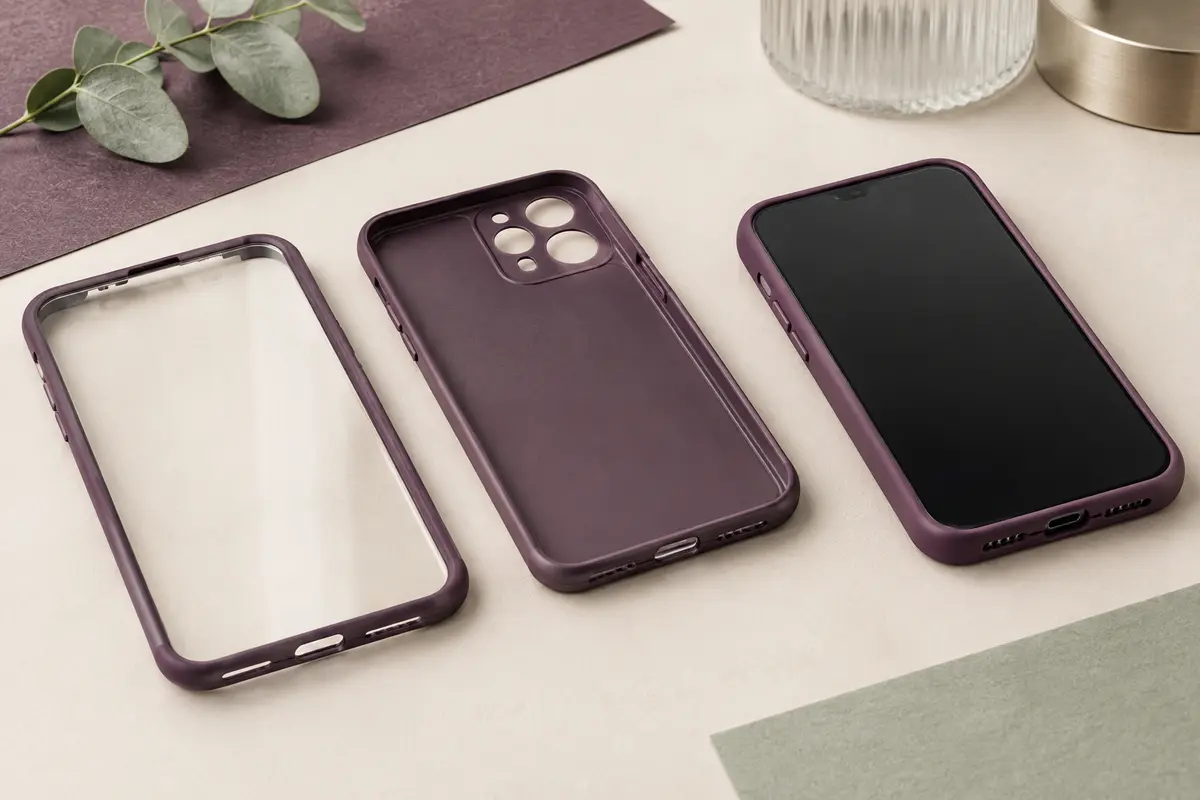 Coque intégrale en deux parties montrant la protection avant et arrière du smartphone