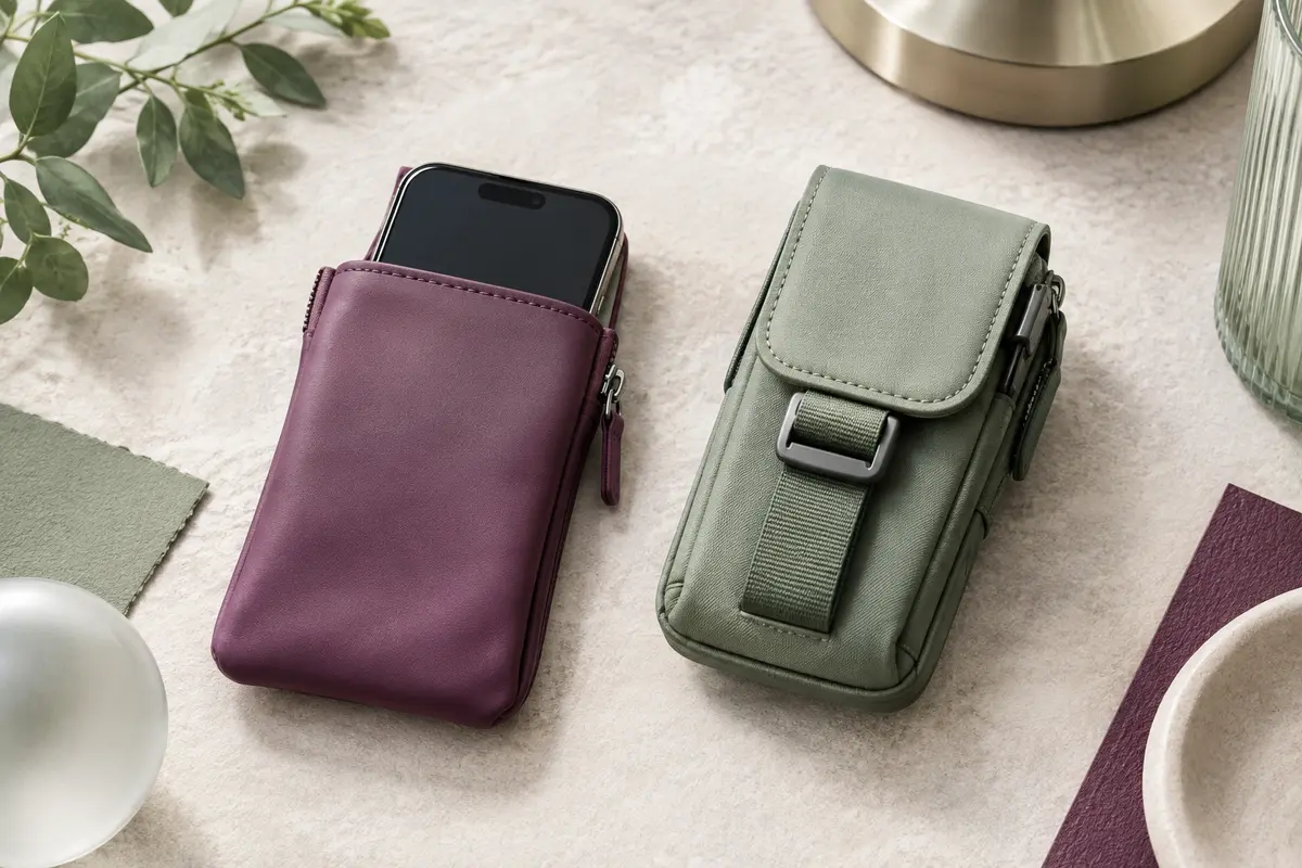 Pochette et étui ceinture pour smartphone présentés avec un téléphone