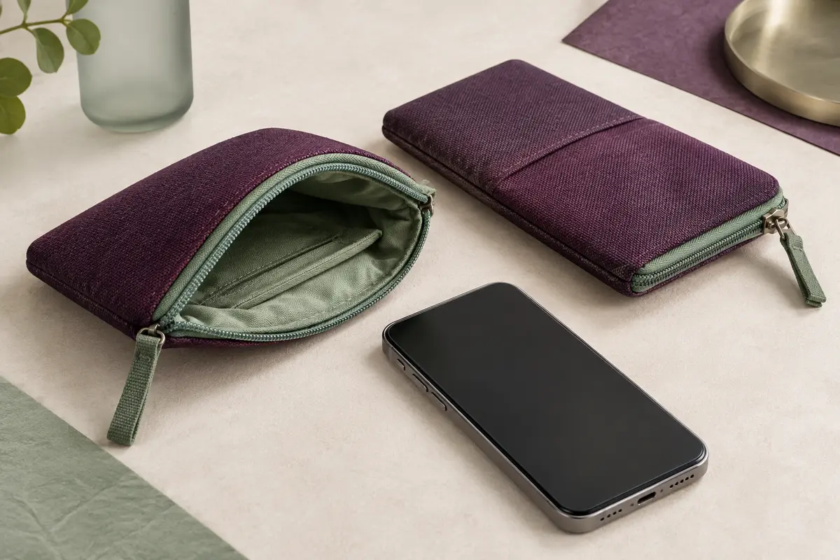 Pochette souple ouverte avec doublure visible à côté d’un smartphone
