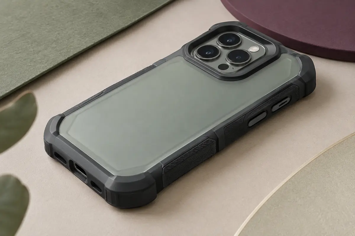 Coque antichoc pour smartphone photographiée de près, avec coins renforcés et rebords surélevés visibles.