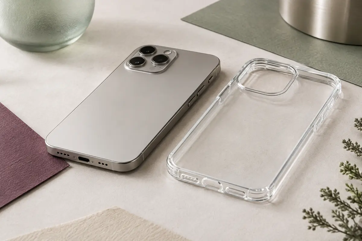 Smartphone et coque arrière transparente côte à côte, avec les découpes des objectifs et des boutons visibles.