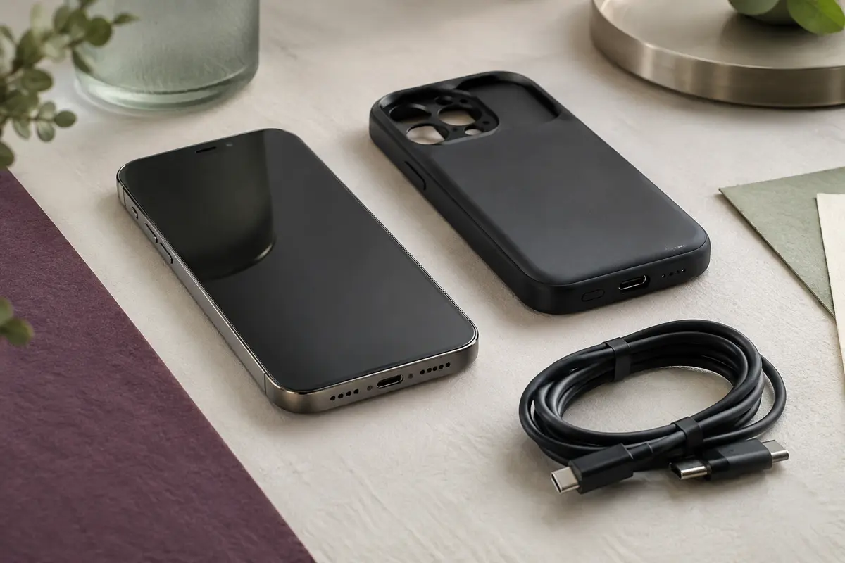 Smartphone et coque batterie posée à côté pour montrer son épaisseur et son port de recharge