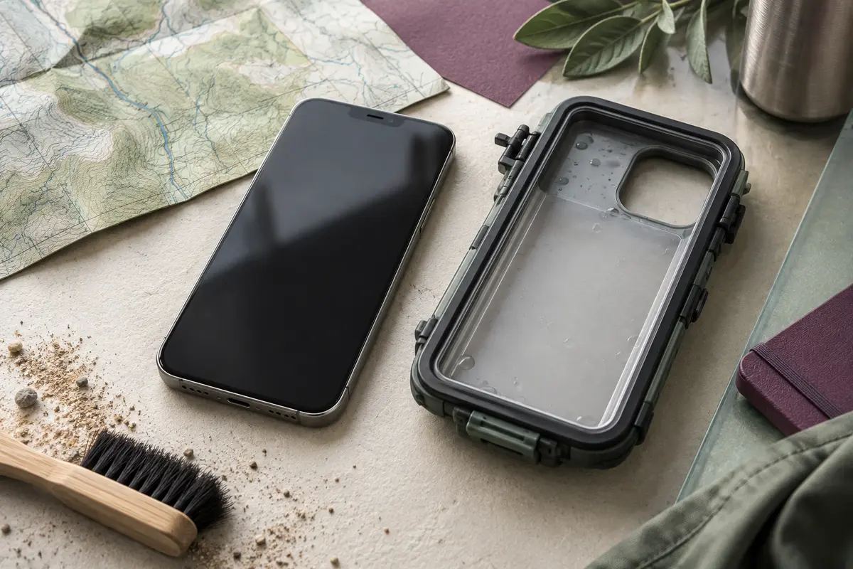 Coque intégrale et smartphone préparés pour vérifier les joints avant une sortie exposée à la poussière.