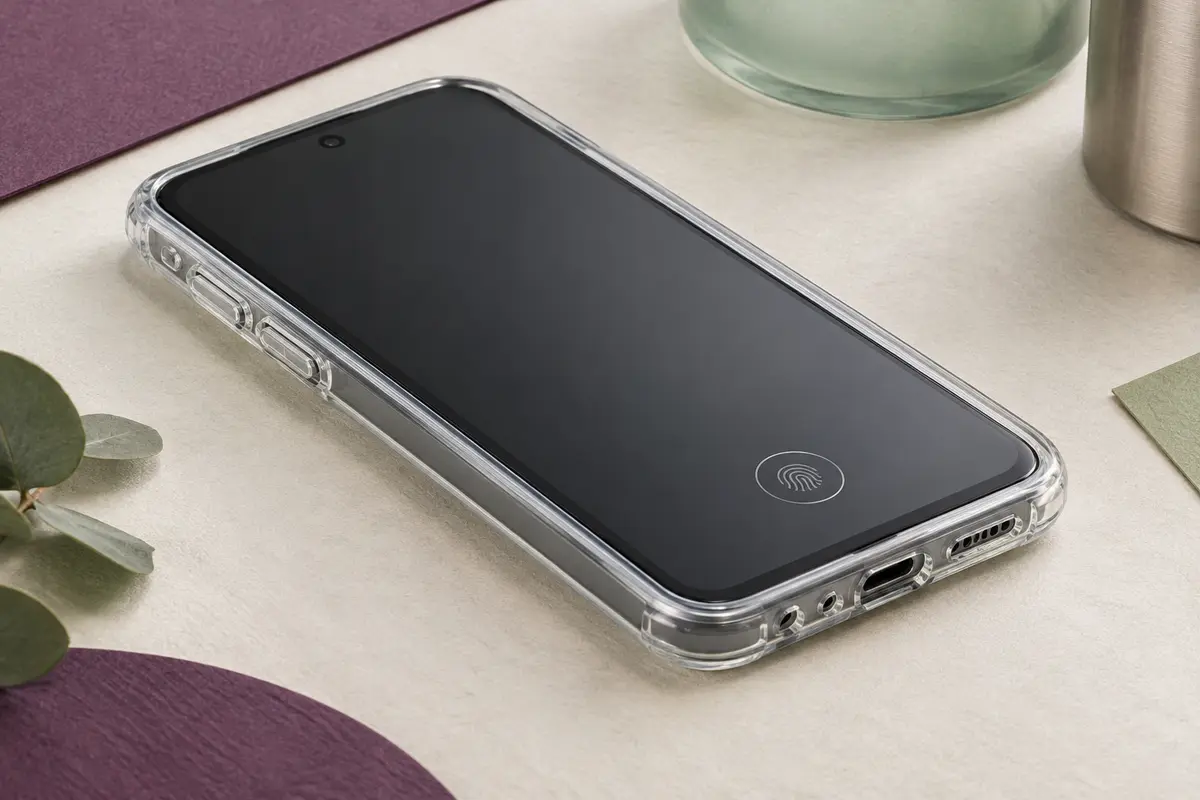 Smartphone dans une coque intégrale transparente, avec écran, boutons latéraux et découpes visibles.