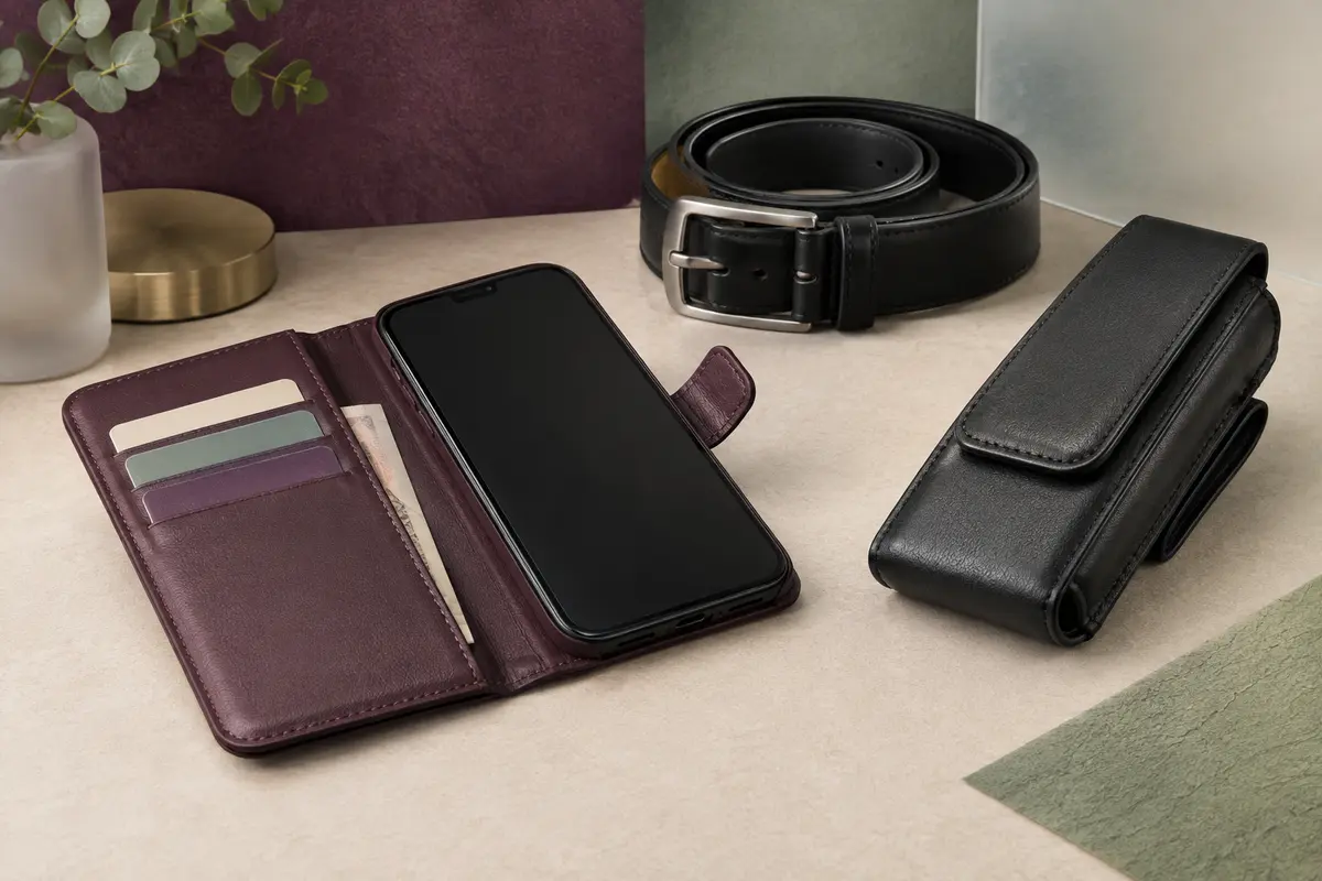 Smartphone dans une coque portefeuille à côté d’un étui ceinture posé près d’une ceinture
