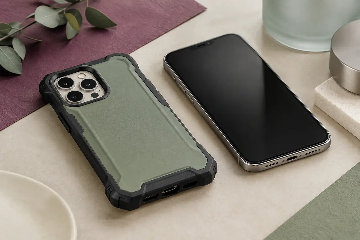 Coque renforcée posée près d’un smartphone, montrant ses angles épaissis et ses rebords protecteurs.
