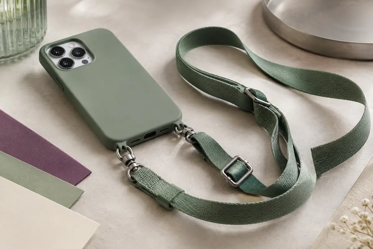 Coque de smartphone avec cordon réglable et attaches visibles, posée sur une surface claire