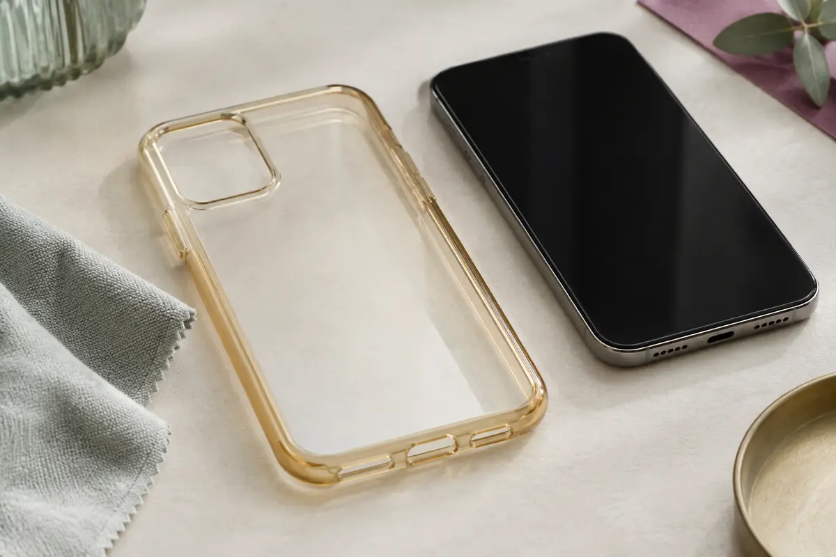 Coque transparente légèrement jaunie posée près d’un chiffon doux et d’un smartphone éteint sur une table claire.