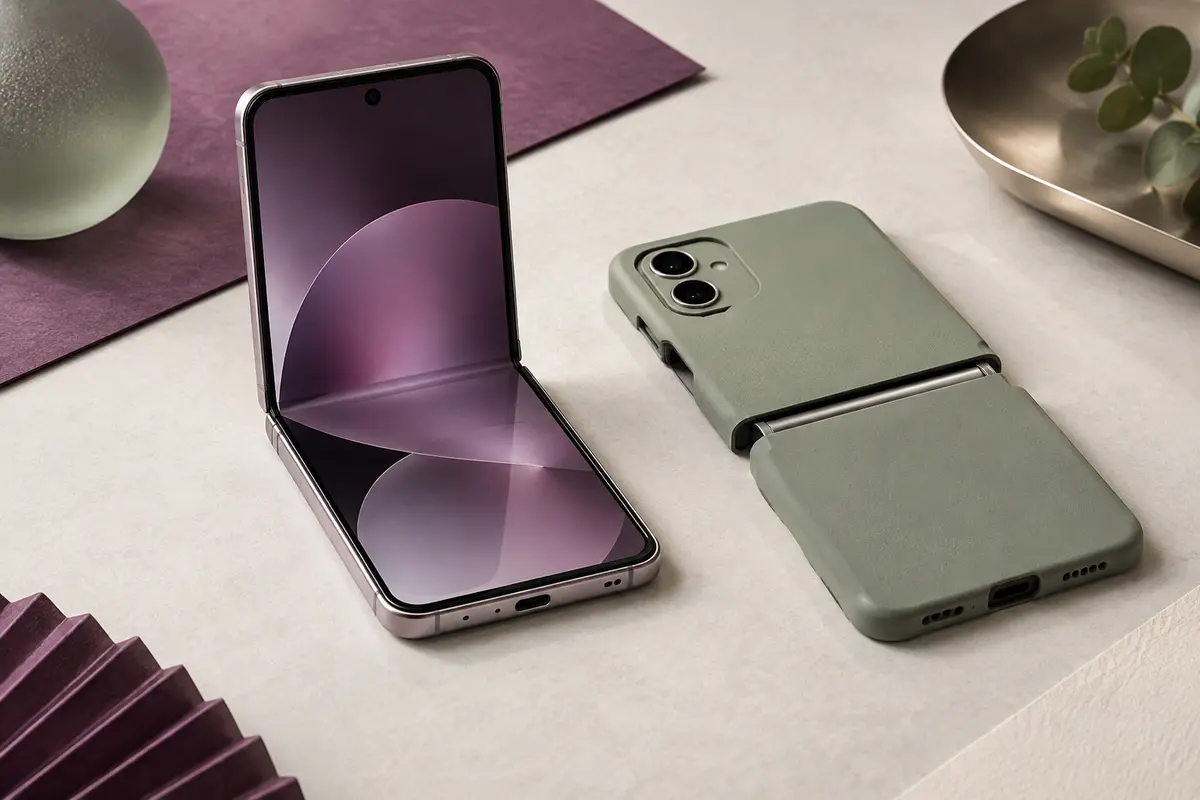 Smartphone pliable à clapet ouvert avec sa coque séparée, montrant les découpes et la zone de charnière