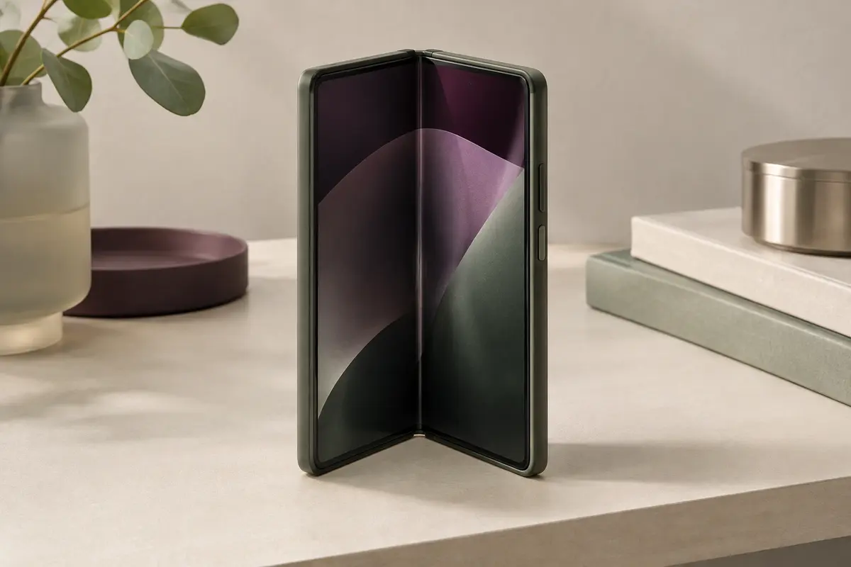 Smartphone pliable au format livre ouvert à moitié et posé debout sur un bureau clair, dans une coque sombre ajustée sur ses deux moitiés