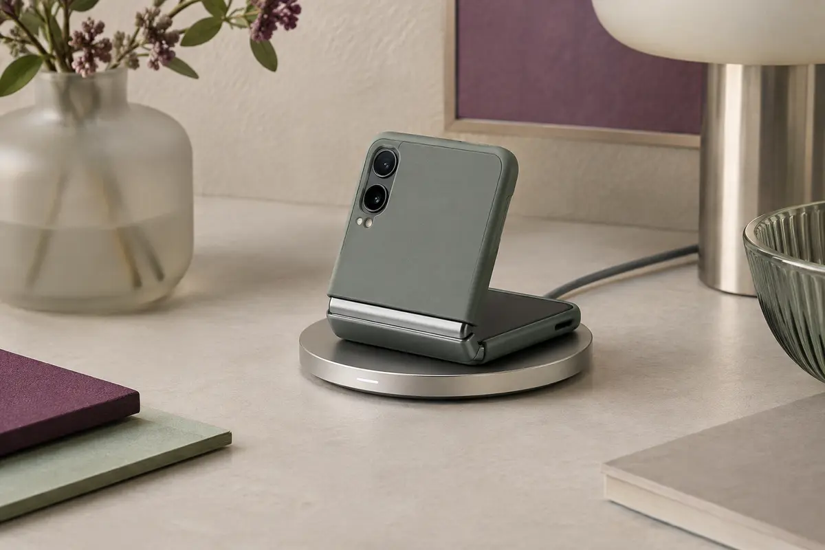 Smartphone pliable avec coque posé sur un chargeur sans fil, charnière visible et dégagée.