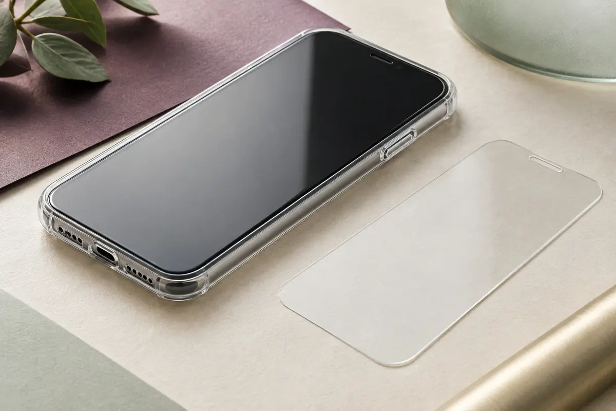 Smartphone avec coque arrière et protecteur d’écran transparent laissant une marge visible sur les bords