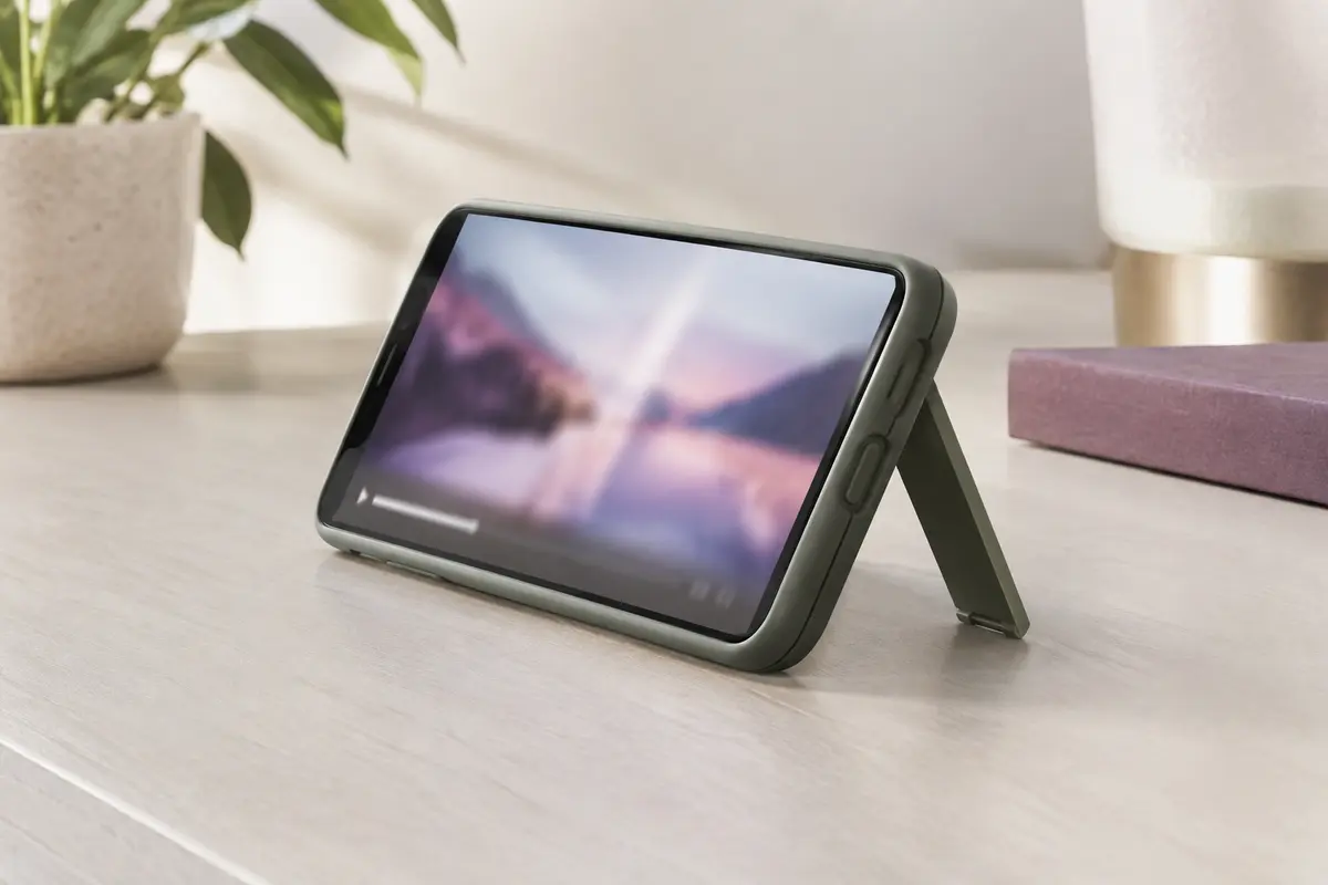 Smartphone en mode paysage posé sur une coque à béquille, sur un bureau plat et dégagé.