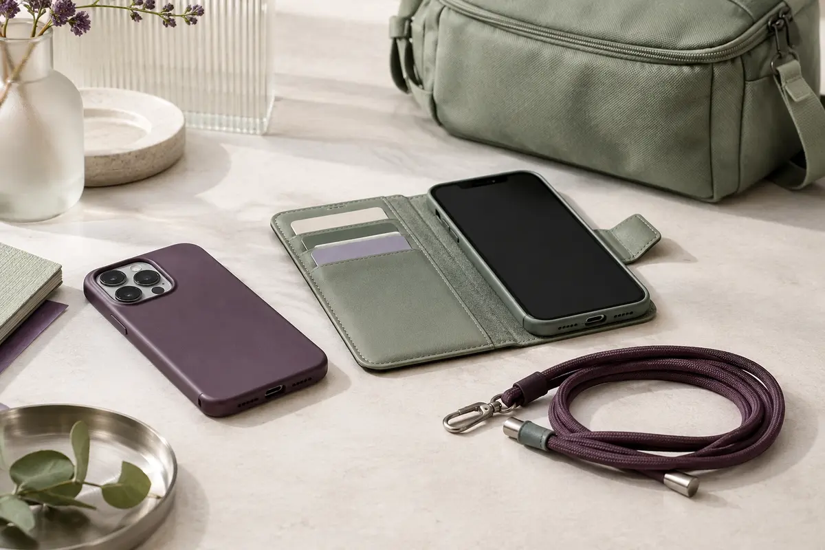Smartphone avec coque fine, coque portefeuille et cordon posés près d’un petit sac de voyage