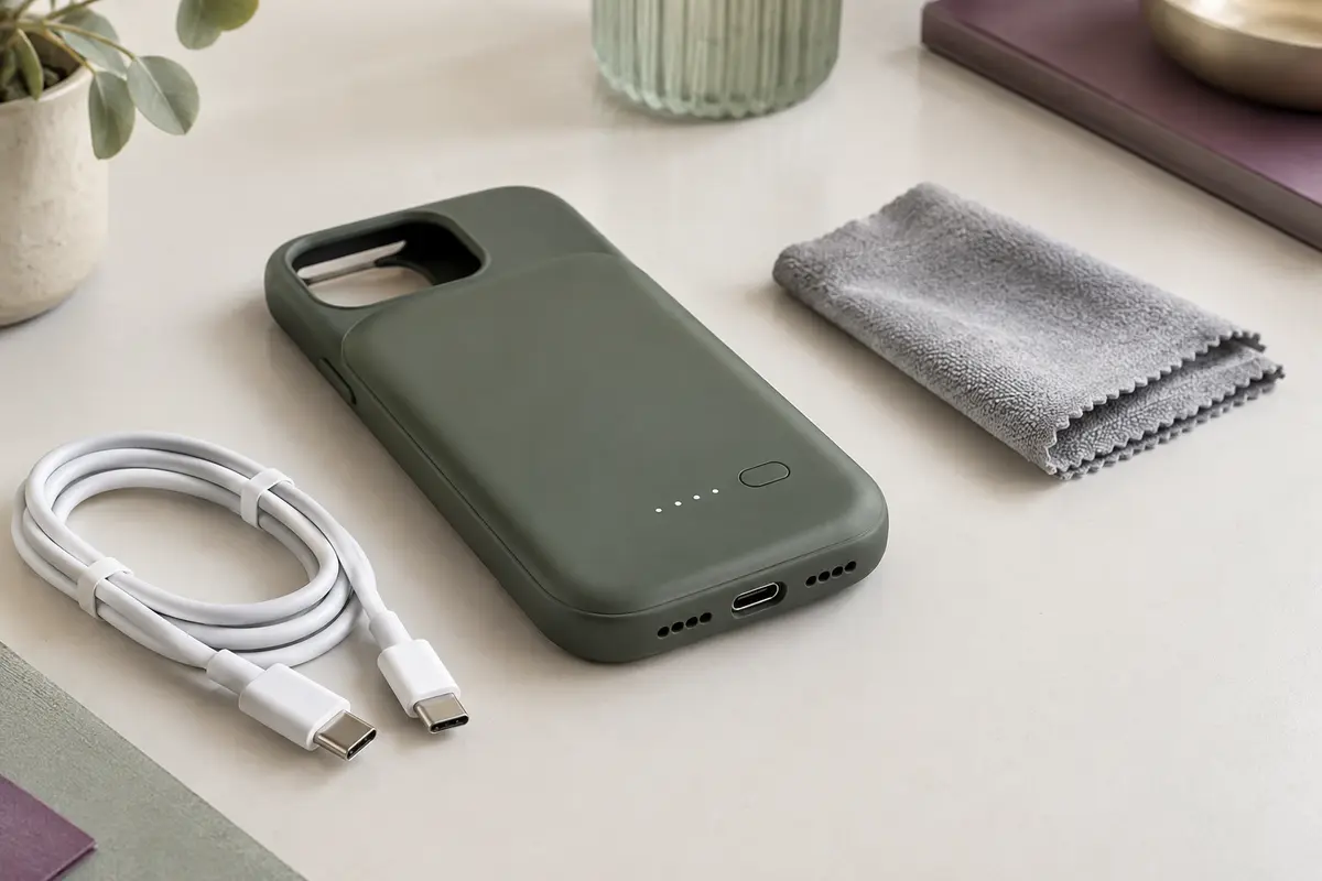 Coque de smartphone avec batterie posée près d’un chiffon sec et d’un câble débranché