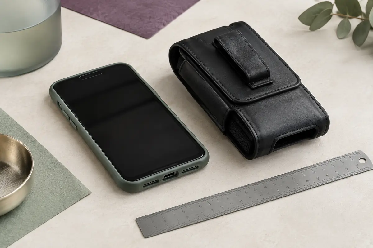 Un smartphone avec coque et un étui ceinture sont posés près d’une règle pour comparer leurs dimensions.
