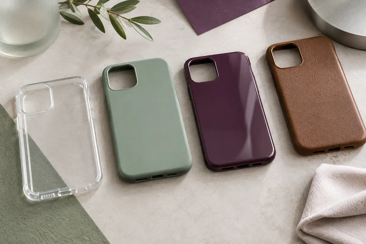 Coques de smartphone en matières et finitions variées, avec un chiffon doux pour l’entretien