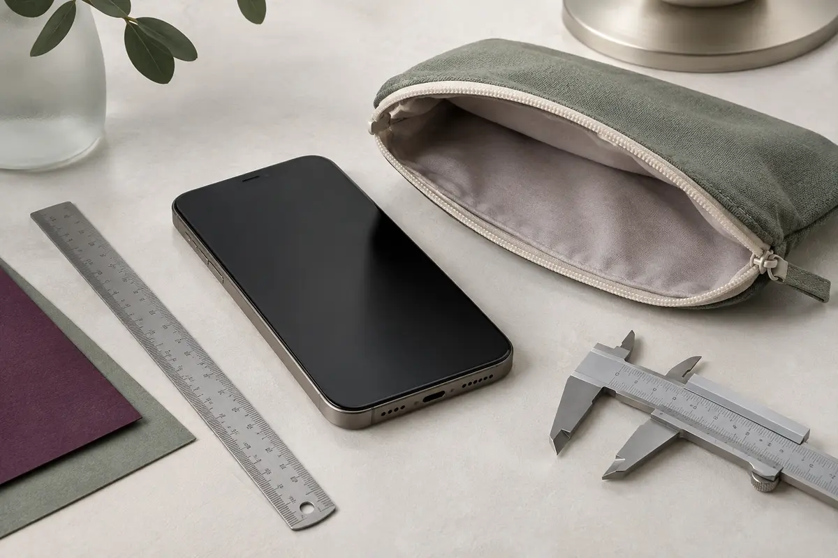 Smartphone, règle et pochette ouverte illustrant la mesure de l’appareil et de l’espace intérieur utile.