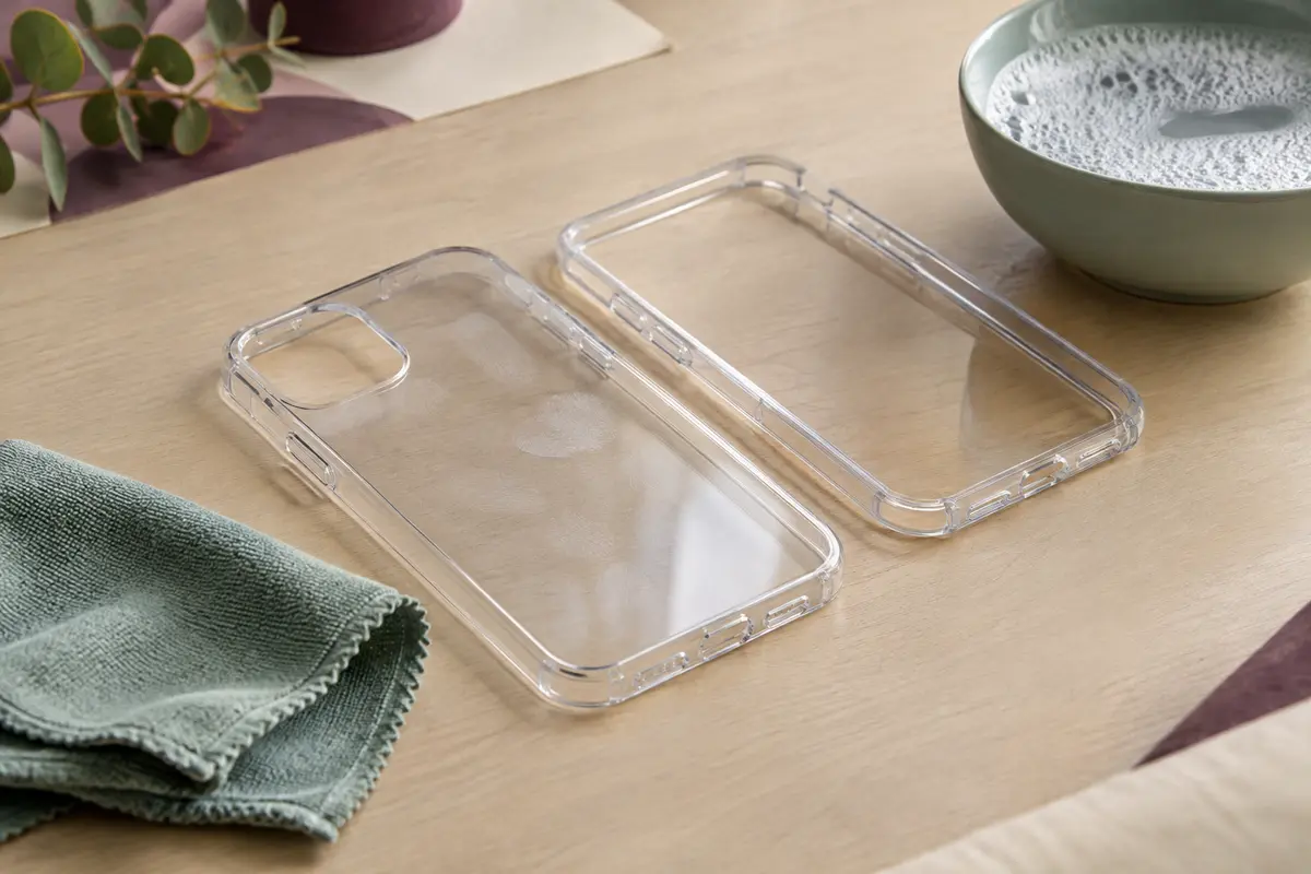 Coque transparente démontée posée près d’un chiffon microfibre et d’un bol d’eau savonneuse.