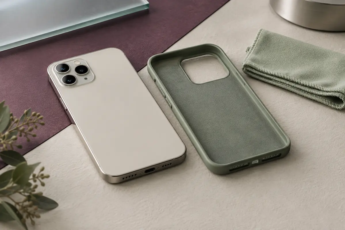 Smartphone et coque arrière posés séparément près d’un chiffon microfibre propre.