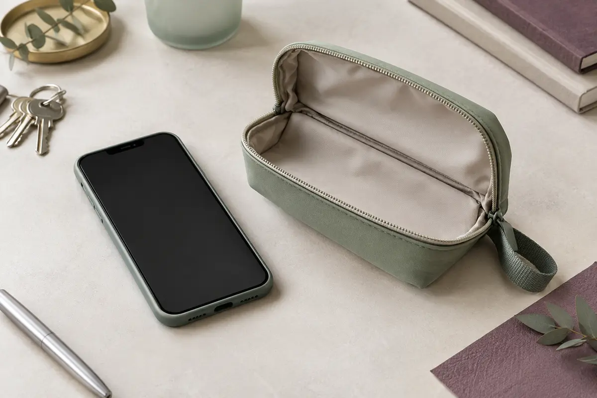 Smartphone avec coque placé près d’une pochette ouverte, séparé des clés et objets durs