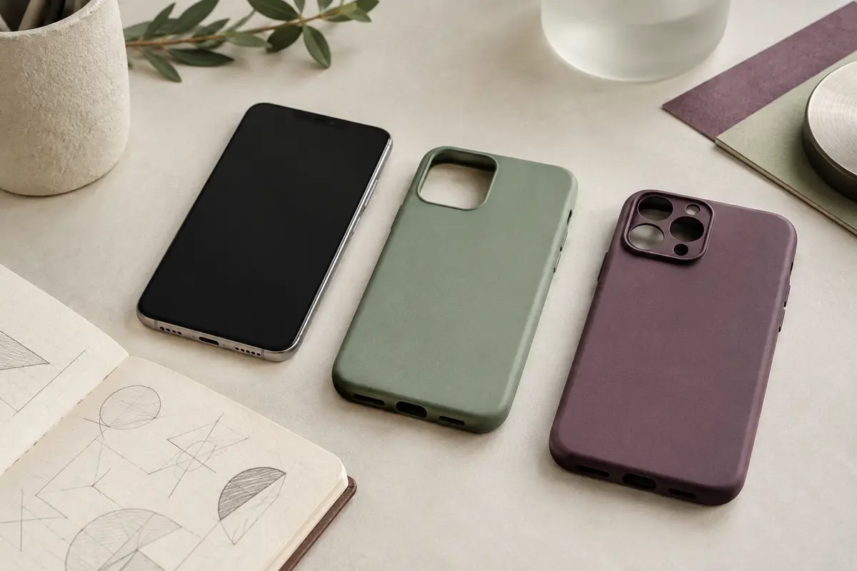 Smartphone posé près de deux coques aux découpes différentes pour illustrer la vérification du modèle