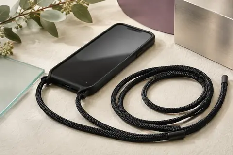 Coque noire en silicone pour iPhone 15 avec cordon réglable, posée dans un décor minimaliste aux tons ivoire et sauge.