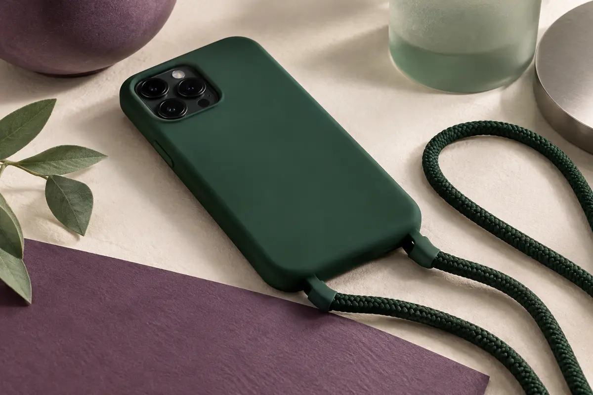 Coque vert foncé en silicone pour Galaxy A17 5G avec cordon tressé réglable posée près d’un smartphone