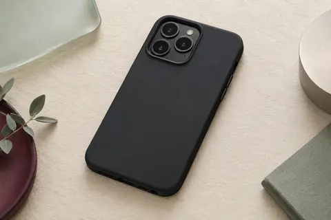 Coque arrière noire en silicone sur un grand smartphone dont le bloc photo réunit trois objectifs, posé sur un papier ivoire