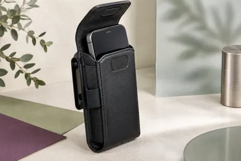 Étui de ceinture noir pour smartphone avec rabat magnétique, côtés extensibles et clip arrière amovible