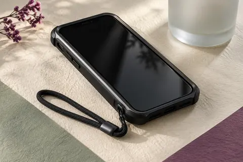Coque Beeasy noire pour iPhone 17, avec cadre métallique, écran intégré et dragonne, sur un décor ivoire
