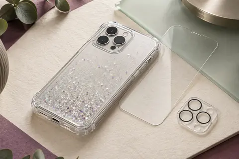 Coque transparente à paillettes pour iPhone 17 Pro, avec protections d’écran et d’appareil photo.