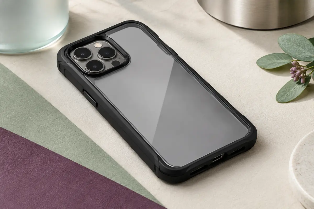 Coque intégrale noire à dos transparent, avec protection d’écran et bords relevés autour de la caméra