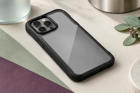 Coque intégrale noire à dos transparent, avec protection d’écran et bords relevés autour de la caméra