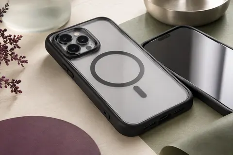 Coque intégrale noire à filtre anti-espion, dos transparent, anneau magnétique et protection de caméra
