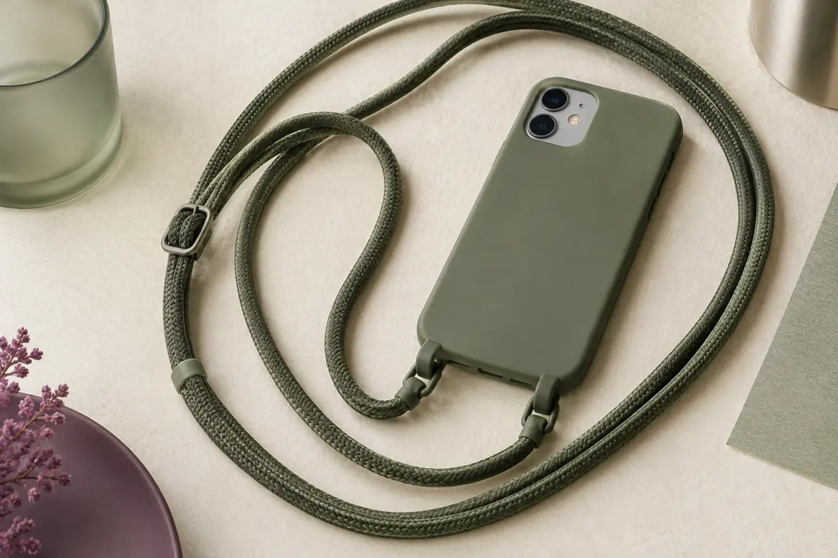 Coque kaki en silicone sur un smartphone posé à plat, avec une longue lanière bandoulière kaki enroulée en boucles autour, sur un papier ivoire