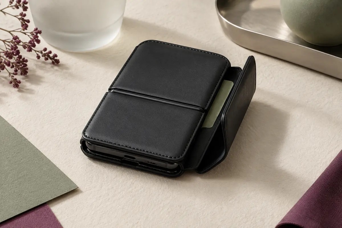 Smartphone pliable à clapet fermé dans un étui portefeuille noir en cuir PU, rabat magnétique entrouvert sur un compartiment pour carte, posé sur un papier ivoire