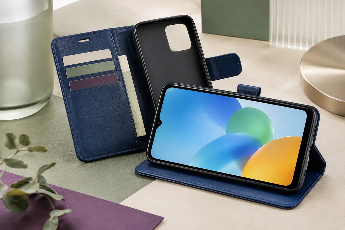 Coque portefeuille bleu marine pour Redmi 10C, ouverte avec ses rangements pour cartes et son support horizontal