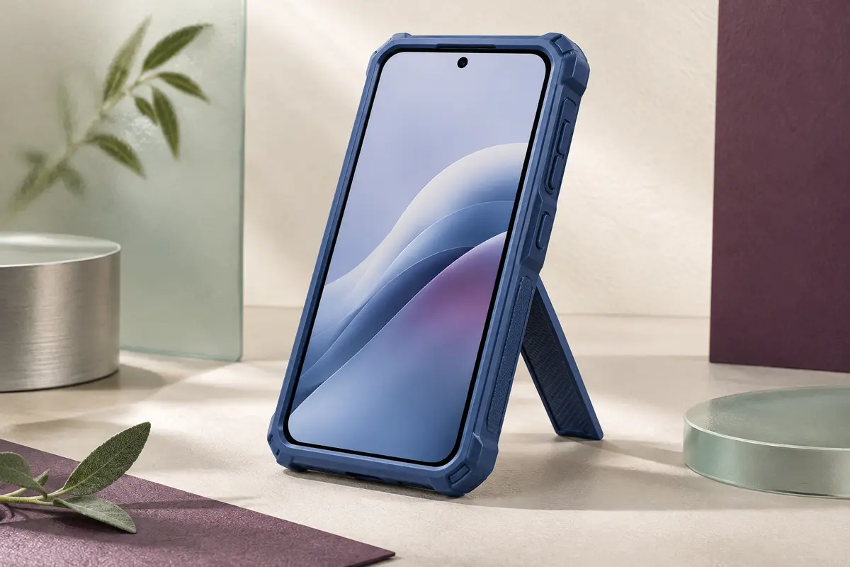 Coque intégrale bleue à béquille ouverte, avec protecteur tactile intégré et cadre renforcé.