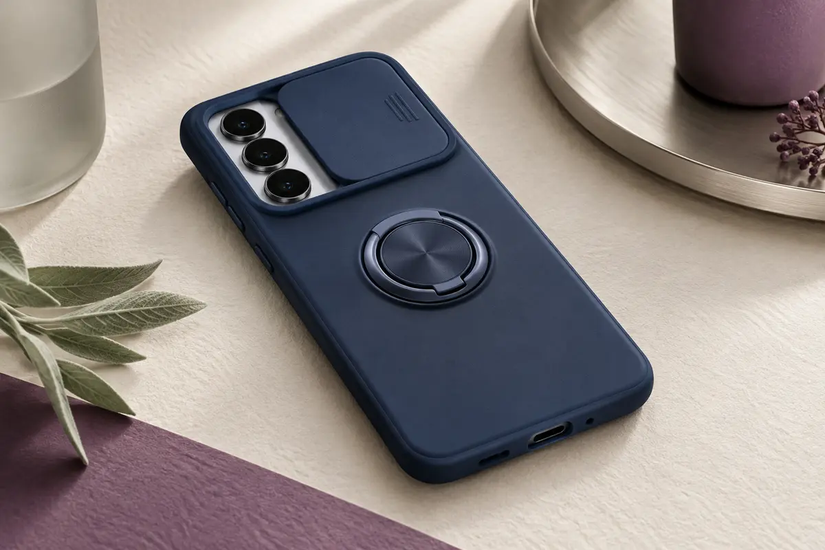Coque bleu marine pour Galaxy S26 avec anneau béquille, cache caméra coulissant et dos mat