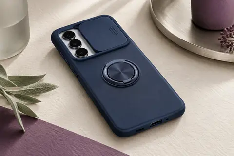 Coque bleu marine pour Galaxy S26 avec anneau béquille, cache caméra coulissant et dos mat