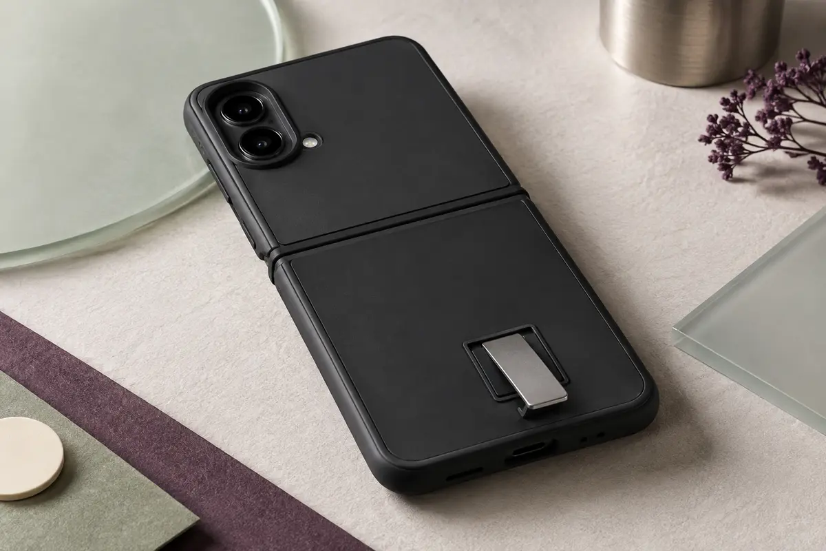 Coque noire pour Galaxy Z Flip 5 avec béquille rotative et protection autour de l’appareil photo