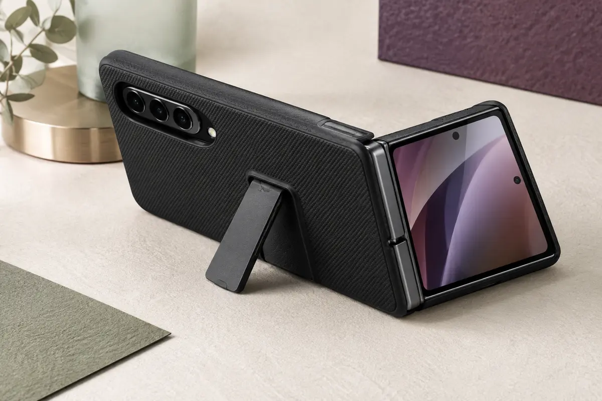 Coque noire texturée pour smartphone pliable, avec support intégré et protecteur d’écran en verre trempé